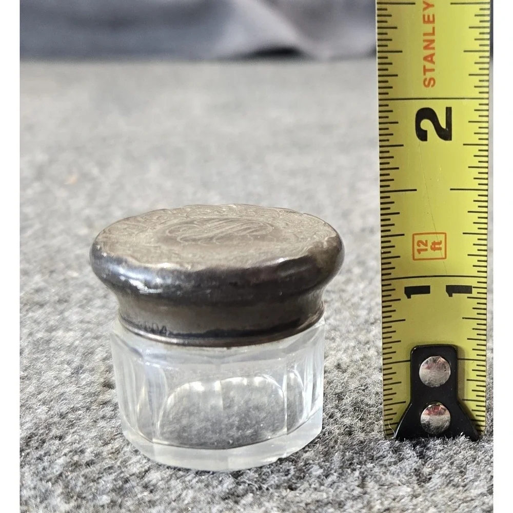 Antique F&B Sterling Silver Lid Glass Dresser Jar 3604 Monogram Vanity